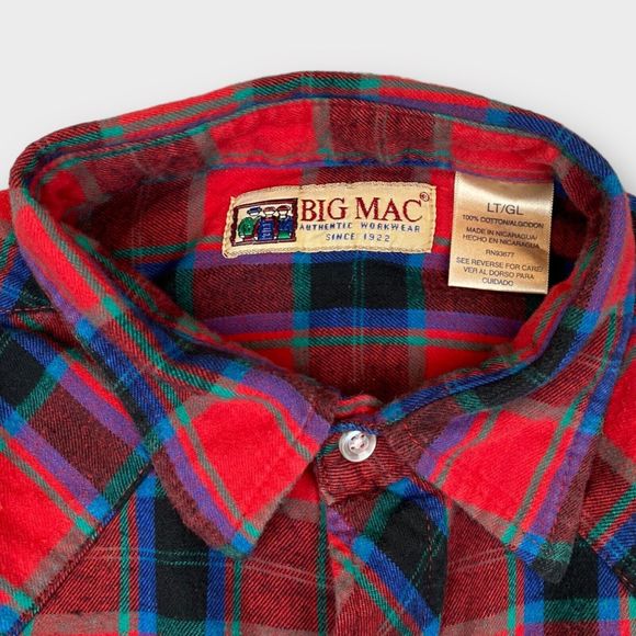 VTG Big Mac Men's Large Tall Plaid Flannel Shirt Pearl Snap Button Long Sleeve - Picture 8 of 9